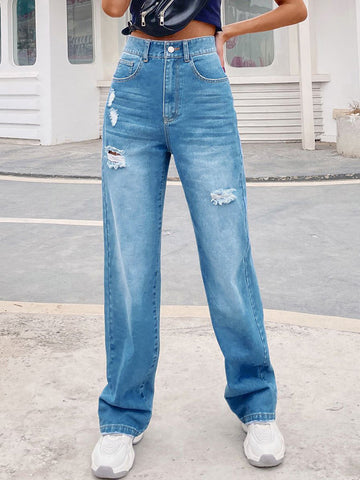 Airchics longue jeans déchiré troué taille haute ample mode femme pantalons